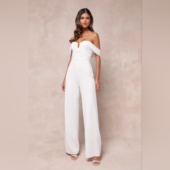 Lulus Gorgeous Fantasy White Mesh Ruched Off-the-Shoulder Jumpsuit XS Wedding - Picture 2 of 11